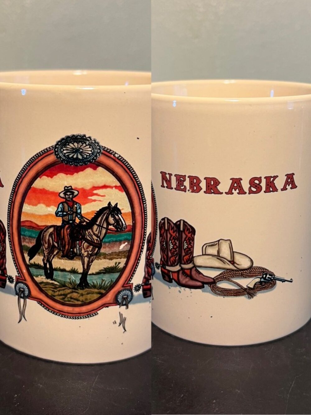 Vintage M Ware Nebraska Cowboy Mug Western Wraparound Stoneware Cup 11oz Retro